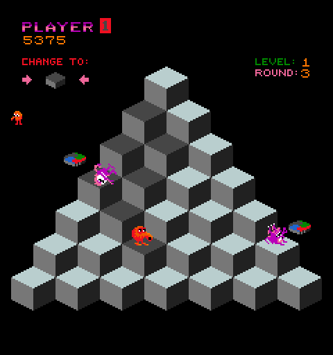 Q*bert Arcade Screenshot: Ugh and Wrong-Way jump on the sides of the cubes instead of the top.