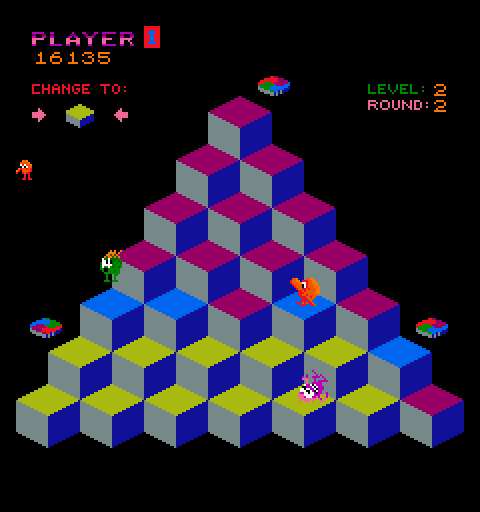 Q*bert Arcade Screenshot: Those green characters, Slick and Sam, turn the cubes back to the wrong color.