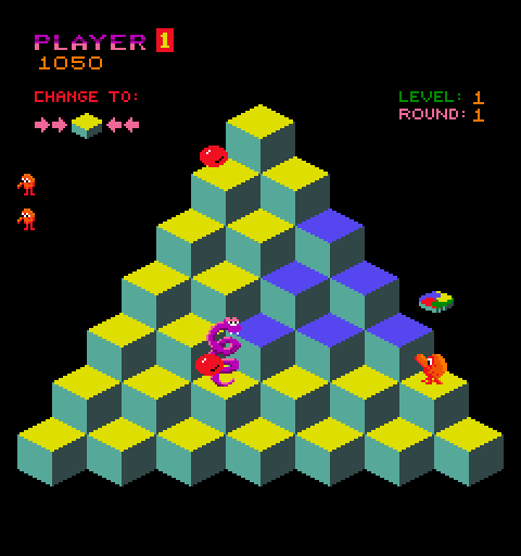 Q*bert Arcade Screenshot: Here comes the snake!