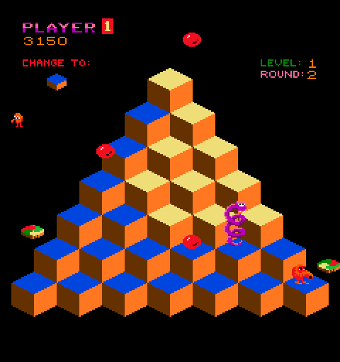 Q*bert Arcade Screenshot: Use the spinning discs to evade the snake.