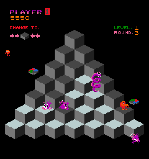 Q*bert Arcade Screenshot: Preparing to jump on a disc...