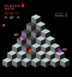 Q*bert for Arcade - Ugh and Wrong-Way jump on the sides of the cubes instead of the top.