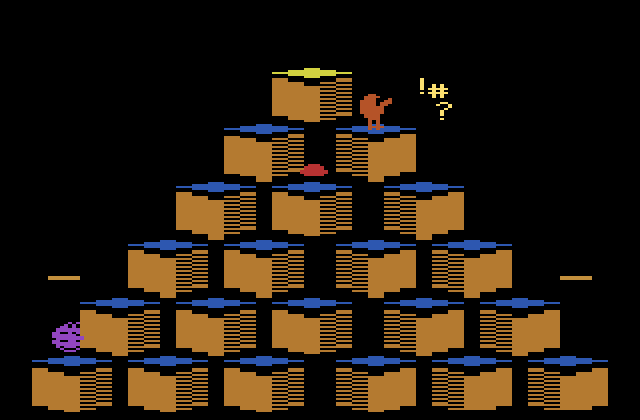 Q*bert Atari 2600 Screenshot: On to the next level...I was hit by something!