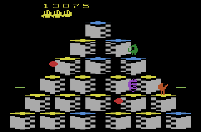 Q*bert Atari 2600 Screenshot: Coily the snake is in pursuit!