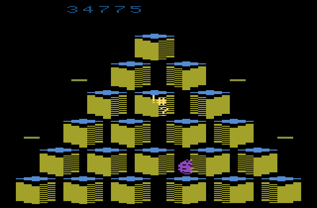 Q*bert Atari 2600 Screenshot: Q*bert is hit again, and it's game over this time...