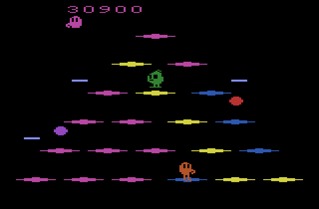 Q*bert Atari 2600 Screenshot: That green character, Sam, changes the cubes back to the original colors.
