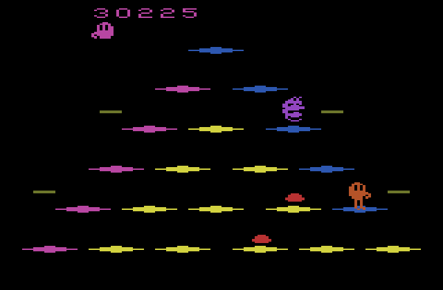 Q*bert Atari 2600 Screenshot: This round has mysterious, invisible cube walls.