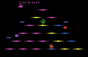 Q*bert for Atari 2600 - That green character, Sam, changes the cubes back to the original colors.
