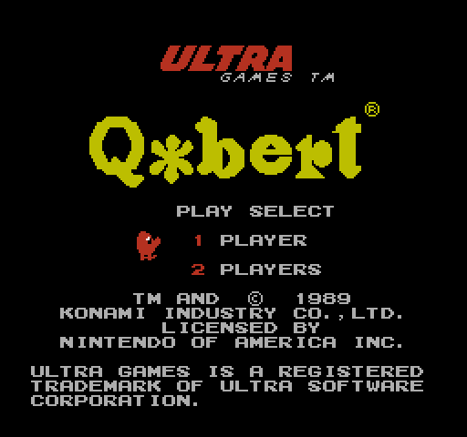 Q*bert NES / Famicom Screenshot: Title screen and main menu.