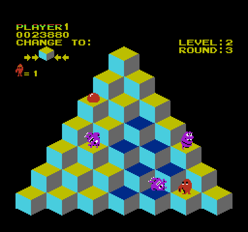 Q*bert NES / Famicom Screenshot: The snake is in persuit, and I have no discs left!