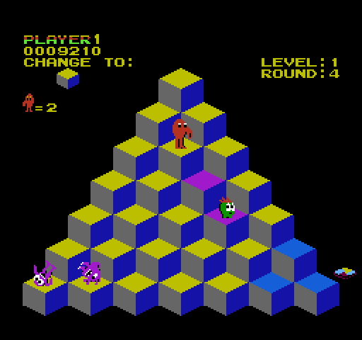 Q*bert NES / Famicom Screenshot: That green guy changes cubes into a different color...