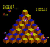 Q*bert for NES / Famicom - The snake almost has me trapped, but I can use the spinning disc!
