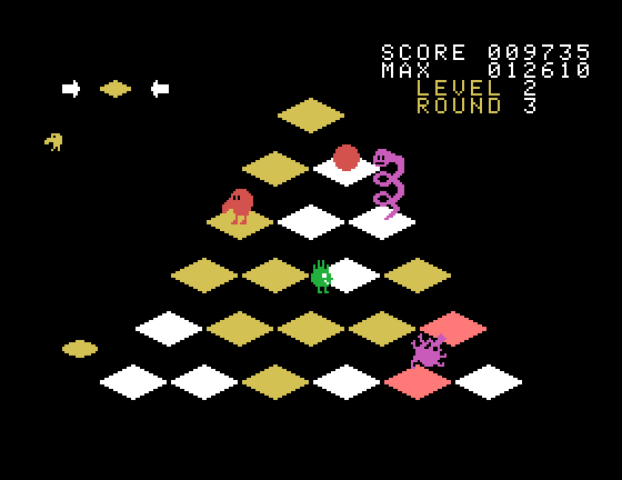 Q*bert Sega SG-1000 Screenshot: The green creature changes cubes back to the wrong color.