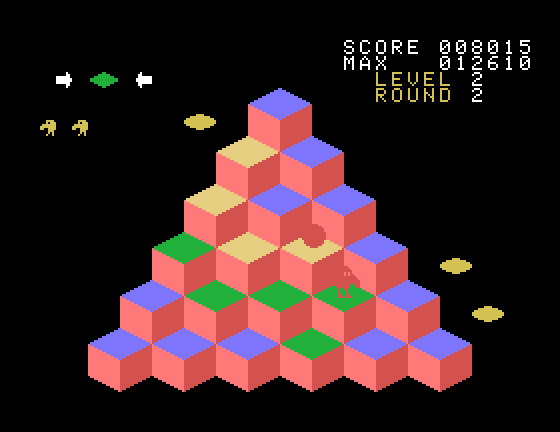 Q*bert Sega SG-1000 Screenshot: On this round you need to jump on cubes twice to reach the target color.
