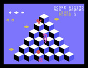 Q*bert for Sega SG-1000 - Level completed, so the screen flashes different colors.