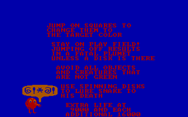 Q*bert IBM PC/Compatibles Screenshot: Game instructions.