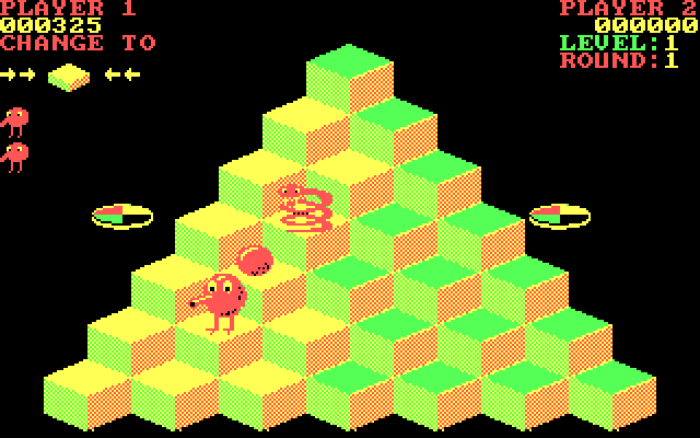Q*bert IBM PC/Compatibles Screenshot: Avoid the red ball and the snake.
