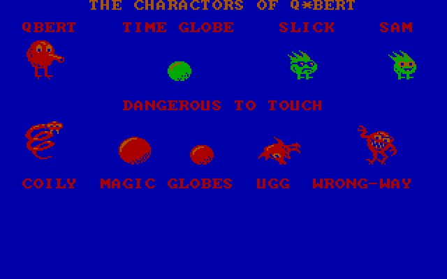 Q*bert IBM PC/Compatibles Screenshot: The cast of charactors.