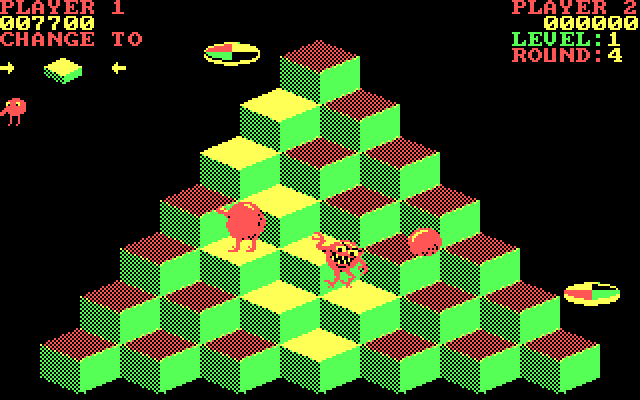 Q*bert IBM PC/Compatibles Screenshot: Avoid Ugh and Wrong-Way...