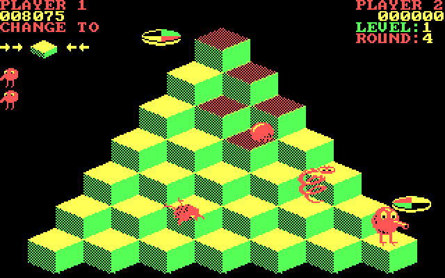 Q*bert IBM PC/Compatibles Screenshot: Here comes Coily, the snake!