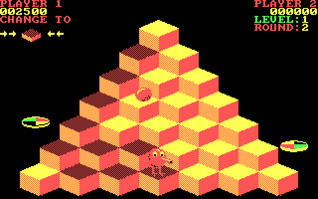 Q*bert IBM PC/Compatibles Screenshot: Changing the tile colors to red.
