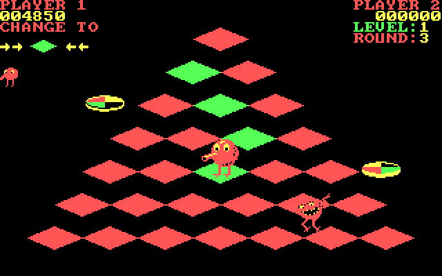 Q*bert IBM PC/Compatibles Screenshot: Changing the tile colors to green.