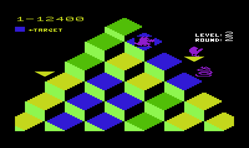 Q*bert Commodore VIC-20 Screenshot: Riding a platform to the top of the pyramid.