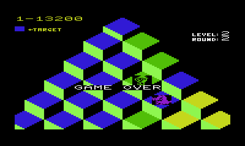 Q*bert Commodore VIC-20 Screenshot: Game over.