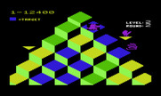 Q*bert for Commodore VIC-20 - Riding a platform to the top of the pyramid.