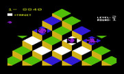 Q*bert for Commodore VIC-20 - On this level each tile must be jumped on twice to reach the target color.