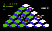 Q*bert for Commodore VIC-20 - The purple ball hatches into Coily the snake when it reaches the bottom of the screen.