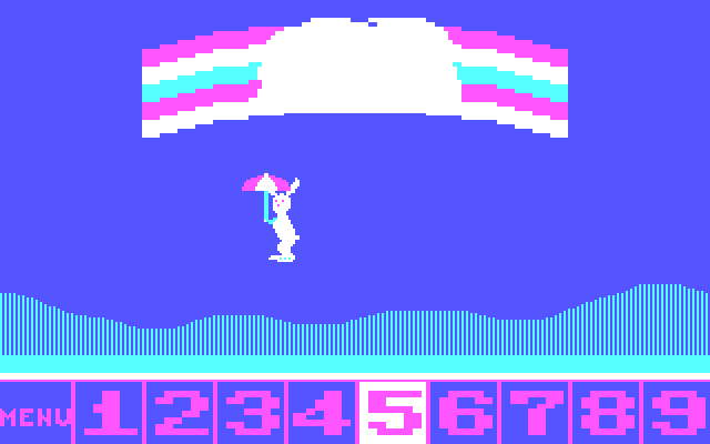 Up & Add 'Em IBM PC/Compatibles Screenshot: Part of the rainbow formed...the rabbit floats down with an umbrella.