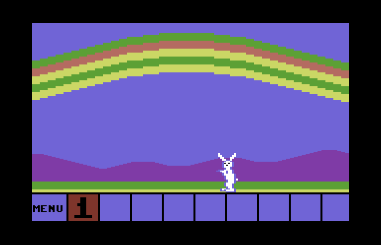 Up & Add 'Em Commodore 64 Screenshot: A completed rainbow! The rabbit dances to a tune...