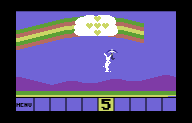 Up & Add 'Em Commodore 64 Screenshot: A correct answer! Floating down with an umbrella...