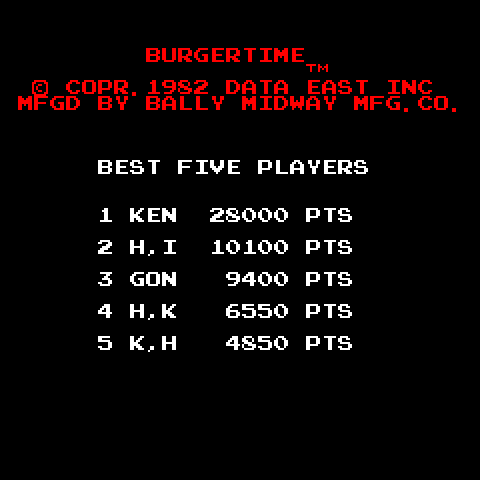 BurgerTime Arcade Screenshot: Game title and high scores (U.S. version).