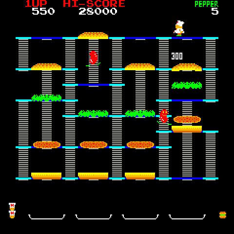 BurgerTime Arcade Screenshot: Drop hamburgers on opponents for bonus points.