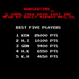 BurgerTime for Arcade - Game title and high scores (U.S. version).