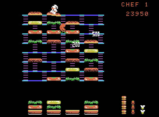 BurgerTime ColecoVision Screenshot: You can also cause chain reactions to crush multiple opponents at once...