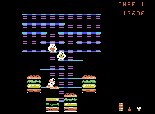 BurgerTime ColecoVision Screenshot: Almost all of the burgers are completed!
