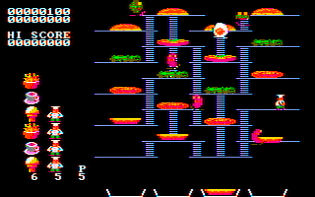 BurgerTime IBM PC/Compatibles Screenshot: You can choose to start the game on a tougher level; here's the sixth with lots of dead ends.