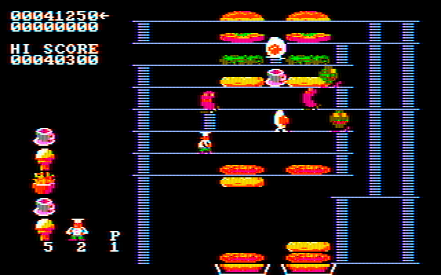BurgerTime IBM PC/Compatibles Screenshot: Not much space to run here! The long ladders make it easy to get trapped.