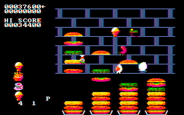 BurgerTime IBM PC/Compatibles Screenshot: The burgers are nearly completed...