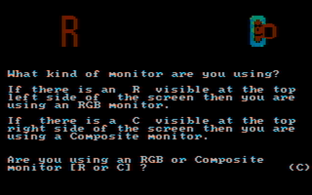 BurgerTime IBM PC/Compatibles Screenshot: This screen assists determining your monitor type. On an old model CGA card, the red "R" is nearly invisible on typical displays.