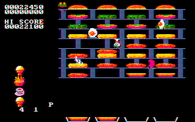 BurgerTime IBM PC/Compatibles Screenshot: This level features epic burgers and lots of little ladders!