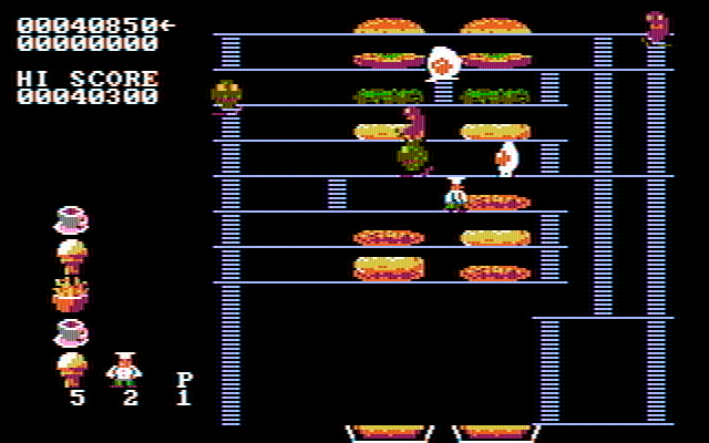 BurgerTime IBM PC/Compatibles Screenshot: Not much space to run here! The long ladders make it easy to get trapped.