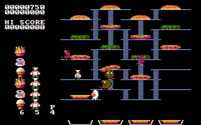 BurgerTime IBM PC/Compatibles Screenshot: You can choose to start the game on a tougher level; here's the sixth level with lots of dead ends.