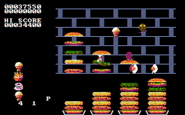 BurgerTime IBM PC/Compatibles Screenshot: The burgers are nearly completed...