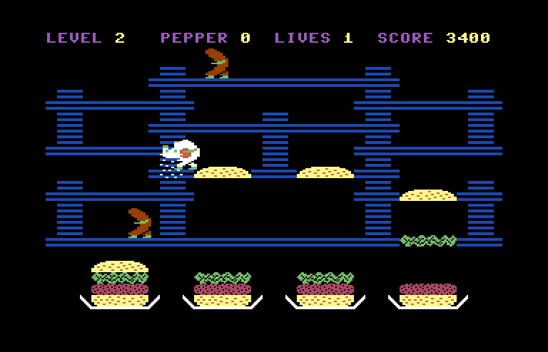 BurgerTime Commodore 64 Screenshot: Almost completed the level, but I was caught!