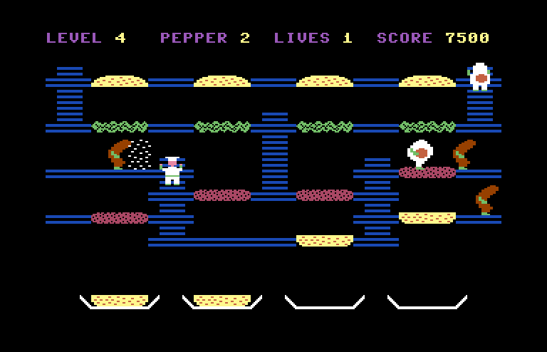 BurgerTime Commodore 64 Screenshot: Use pepper to temporarily stun your opponents.