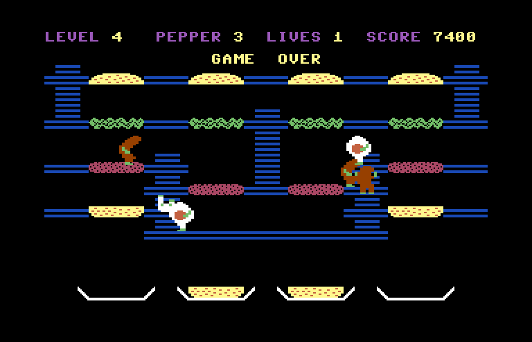 BurgerTime Commodore 64 Screenshot: I was caught again! Game over.
